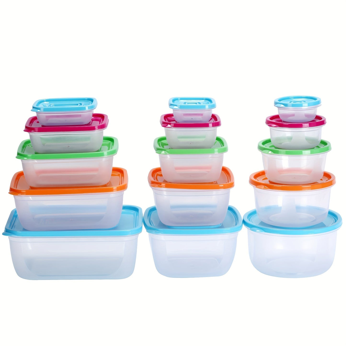 A collection of square and round plastic storage containers with airtight seals, perfect for keeping food organized in the refrigerator.