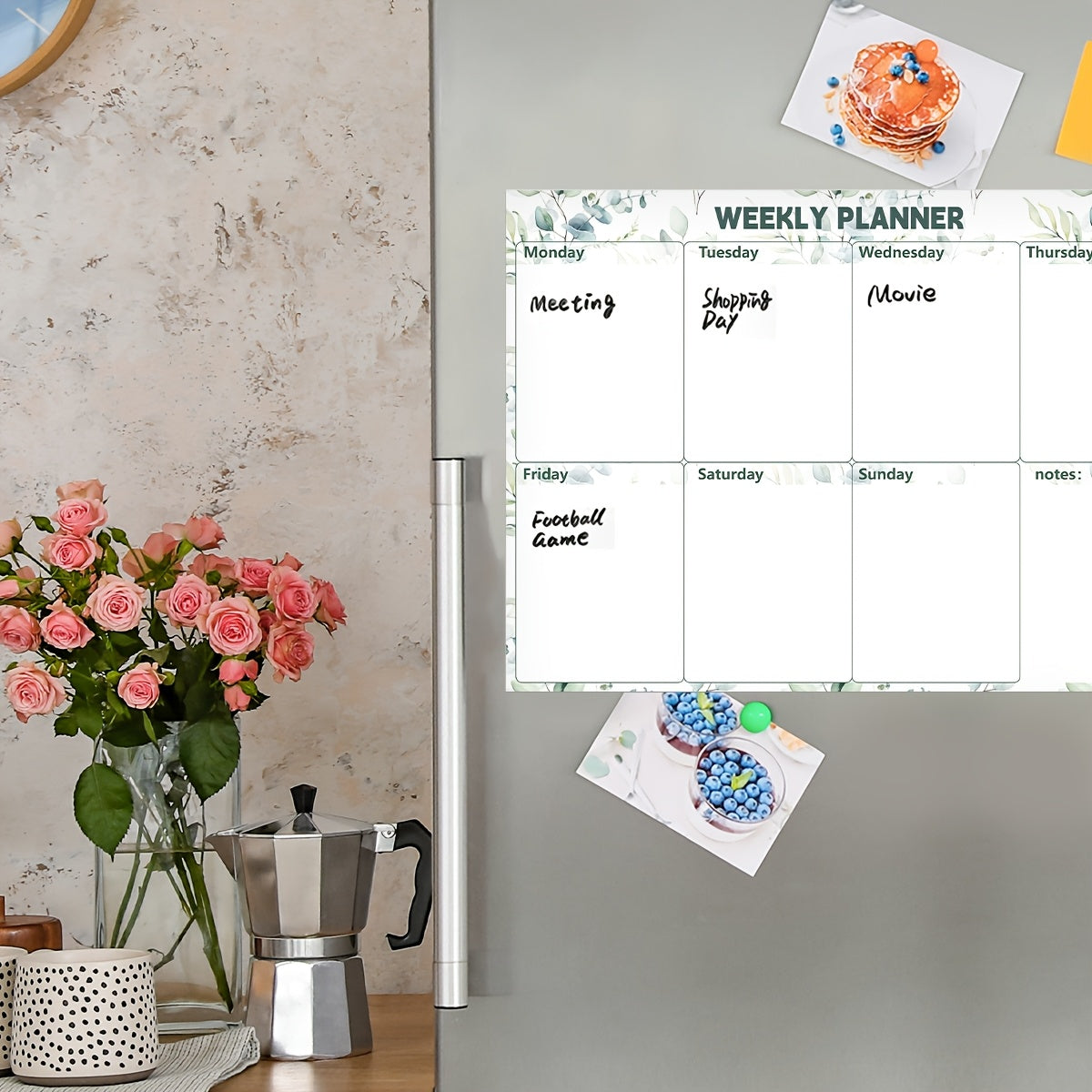 Floral & Botanical Magnetic Dry-Erase Whiteboard for Refrigerator - Ideal for Organizing Monthly, Weekly Schedules & Daily Reminders - Comes with Magnets, PVC Material, Rectangular Design, Easy Cleaning Feature, Calendar included