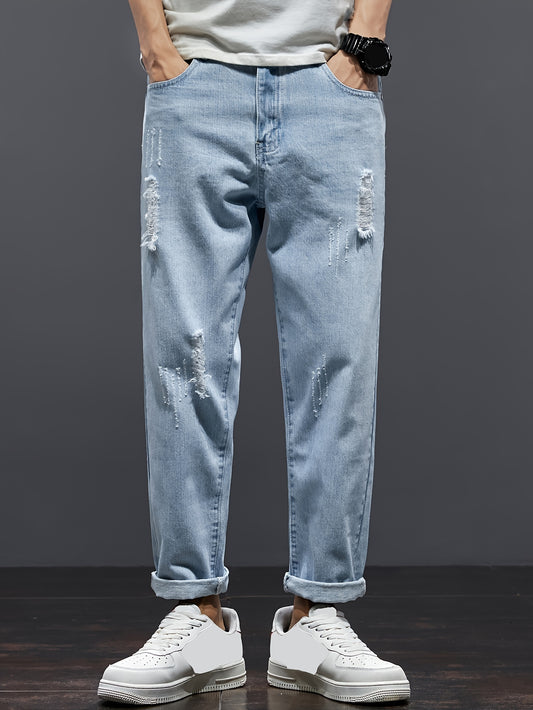 Summer 2024 Men's Distressed Denim Jeans: Straight leg, loose fit, stretch waist, trendy cropped casual pants with ripped detailing, machine washable.