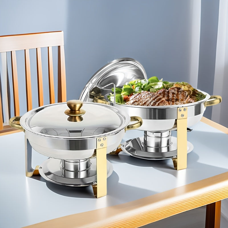 Keep your dishes warm with this stainless steel buffet warmer set, complete with detachable chafing dish, lid, and fuel stand. Ideal for family gatherings, outdoor camping, and holiday parties. This set includes a water pot and makes the perfect