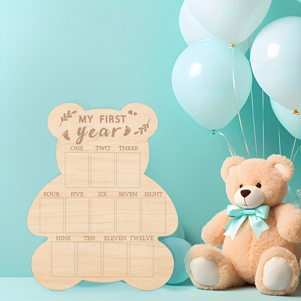 Baby's First Year Milestone Bear Photo Display: 12 Months, Wooden Keepsake Board - Ideal for Boys and Girls.