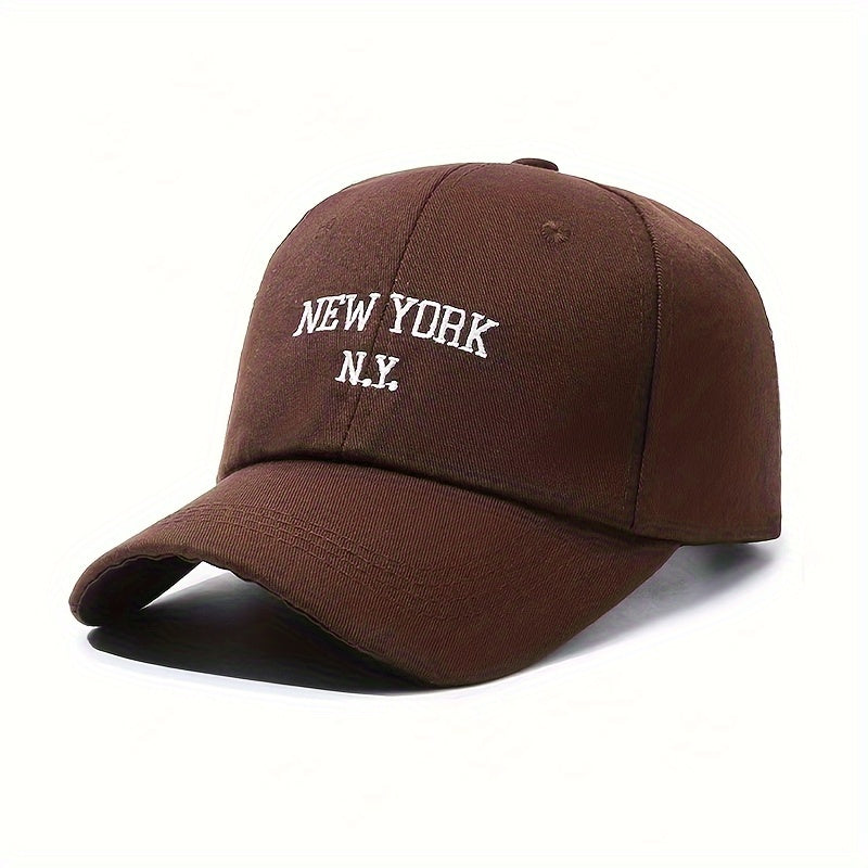 New York embroidered baseball cap with adjustable snapback for sun protection in black with white NYC lettering. Suitable for outdoor sports, unisex, and made of polyester blend.