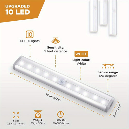 Motion sensor LED light strips for under cabinet use, with wireless battery operation and automatic daylight sensor. Ideal for pantry, closet, kitchen, and bathroom.