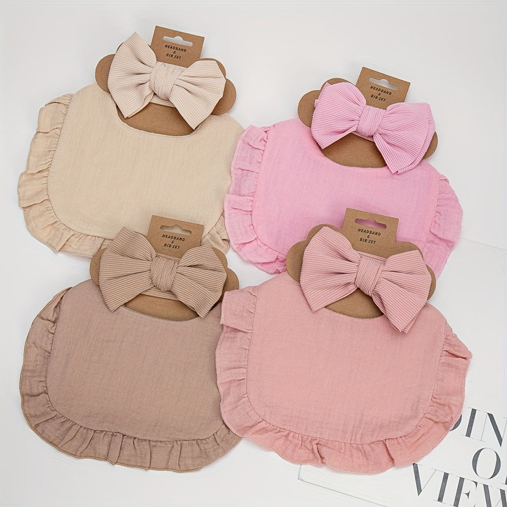 Set of 2 includes a lotus leaf bib and an elastic bow headband. The set also includes a plain color soft bib with snap button closure.