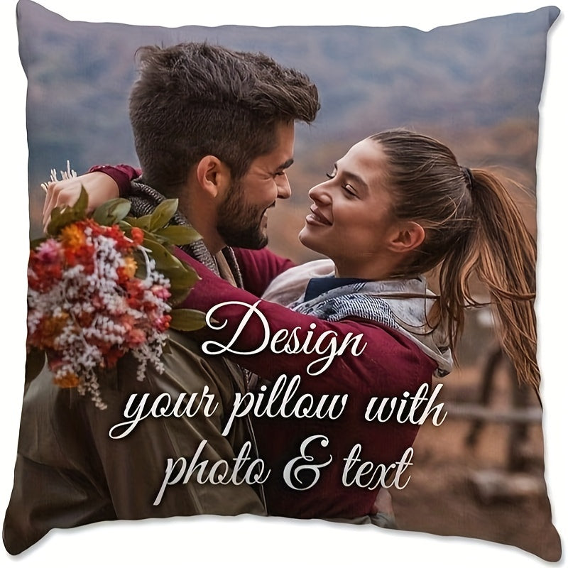 Create a custom photo and text throw pillow cover made from soft polyester knit fabric. This personalized gift is ideal for Valentine's Day, anniversaries, Christmas, birthdays, and any special occasion.