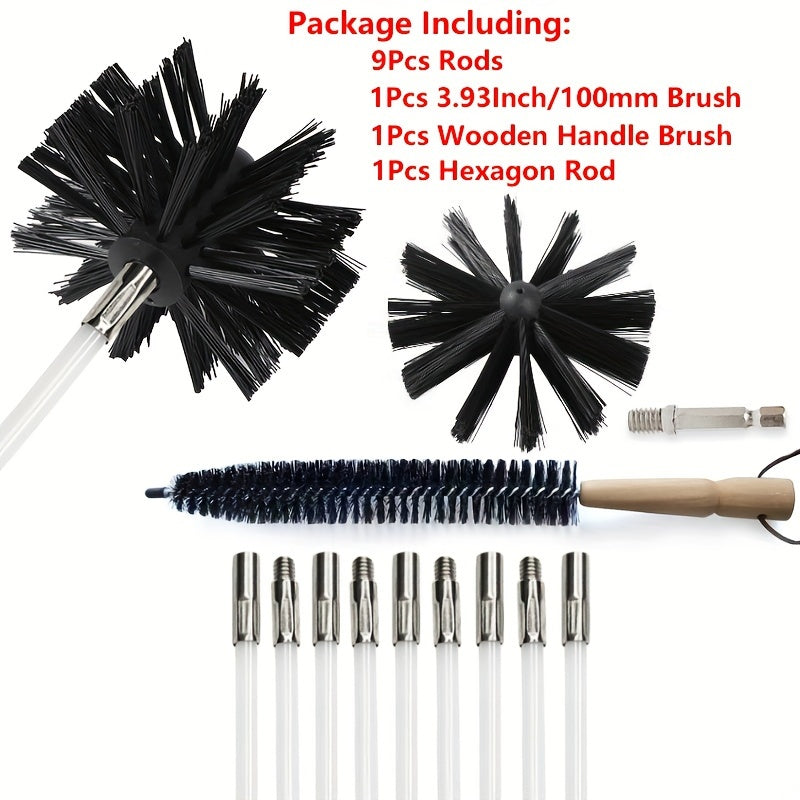 This kit includes a set of flexible 9/18 flexible rods for cleaning dryer vents and pipes, along with a 1/2 inch brush head cleaning brush and a dryer lint brush. It can also be used for cleaning fireplaces.