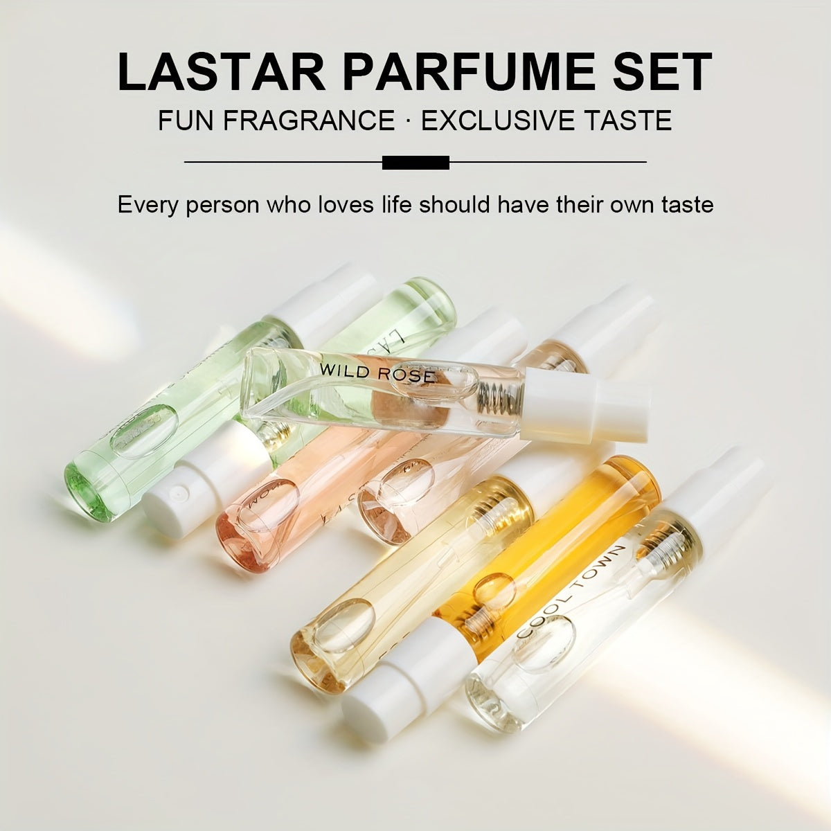 LASTAR 8pcs Perfume Gift Set with Gardenia, Jasmine, Citrus, Cedar & Vanilla scents. Fresh and long-lasting fragrance with floral & fruity notes. Elegant packaging, suitable for men and