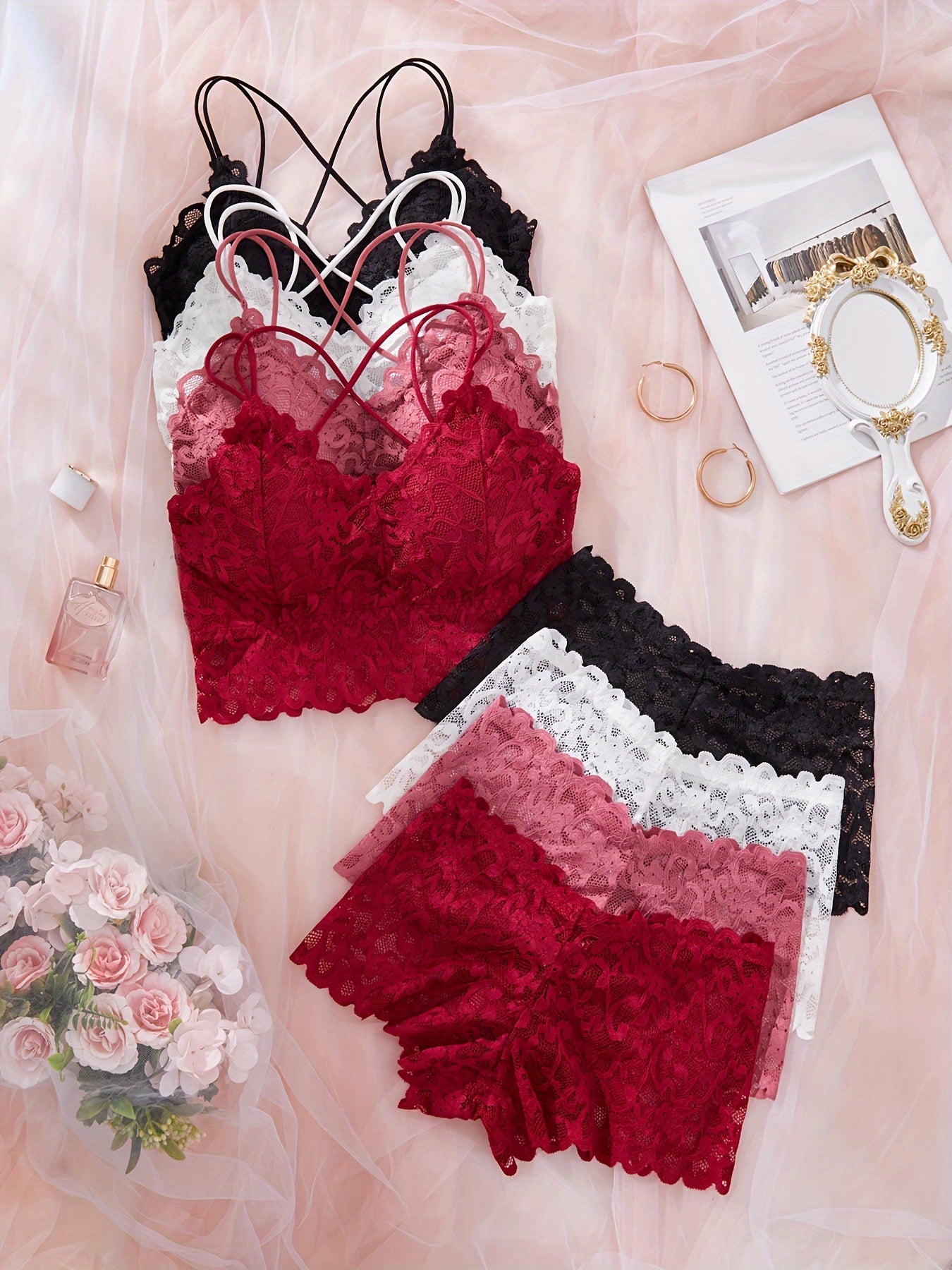 4-Pack of lace lingerie set for women, including solid color bralette and boyshorts without underwire. Made of knit fabric. Ideal for adult females.