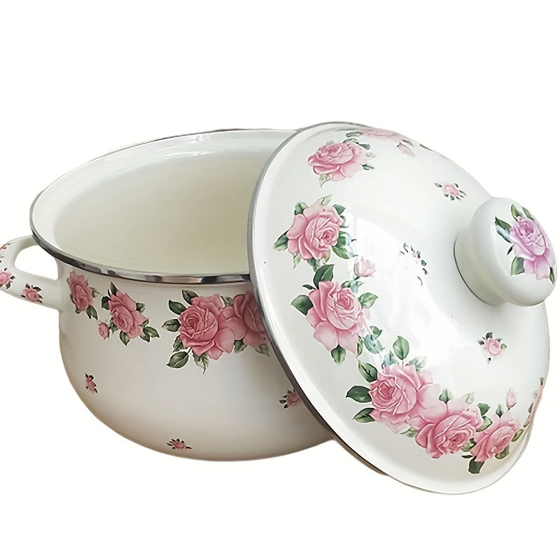 Vintage Floral Pattern Enamel Stockpot with Lid, 20cm, Cooking Pot with Handles - Perfect for Soups, Stews, and Beans! Compatible with Induction and Gas Stoves.