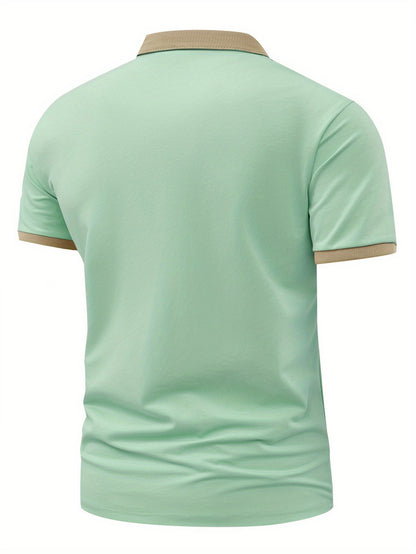 1pc Men's casual polo shirt with geometric pattern made of summer knit polyester, featuring a button collar and short sleeves. Available in navy blue, light green, khaki, black, and pink.