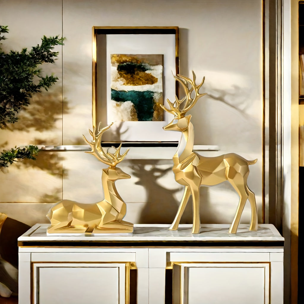 Golden reindeer ornament set for Christmas decor, ideal for office or home display. Great gift for Thanksgiving.