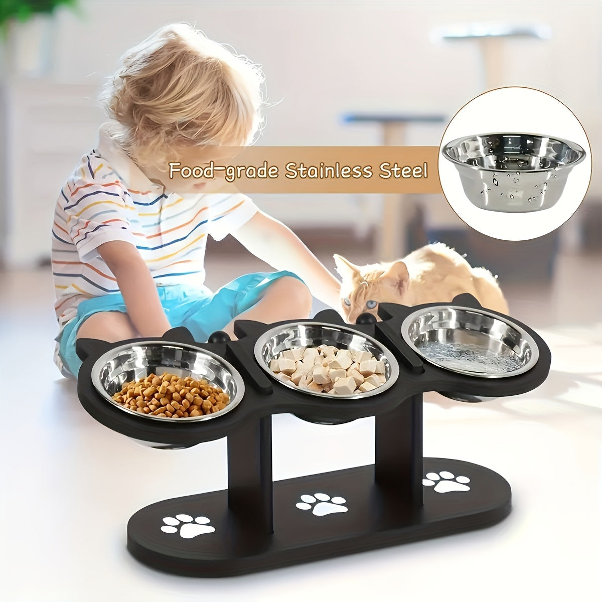 Elevated, adjustable cat and dog food bowl with tilted design for small pets. Includes 3 stainless steel stands for easy assembly and cleaning. Ideal for multiple kittens.