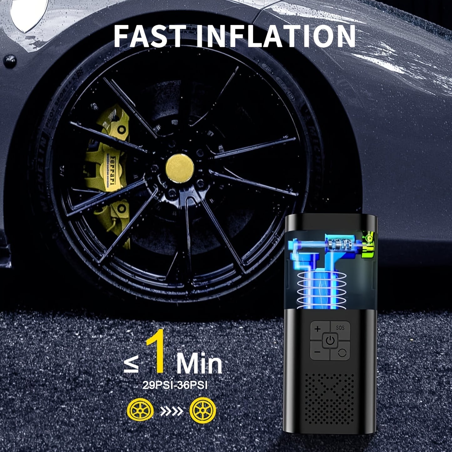 Compact 150PSI tire inflator with pressure gauge, LED light, and fast cordless operation. Works for vehicles, bikes, and sports balls.