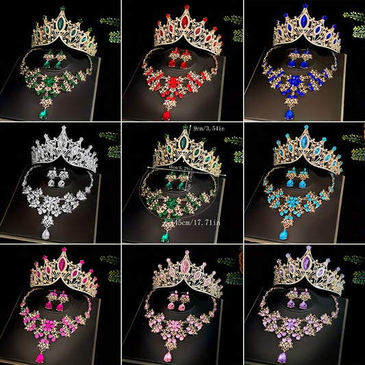 3pc Bridal Crown Set with Tiara, Necklace, and Earrings for Wedding, Photo-shoots, and Parties