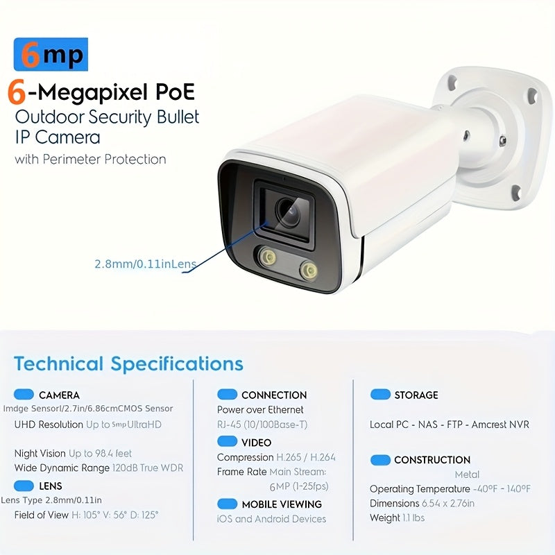 6MP Outdoor POE IP Security Camera with Full-Color Night Vision, Human Detection, One-Way Audio, Wide-Angle Lens, AI Video Surveillance, and Wired Connection to NVR.