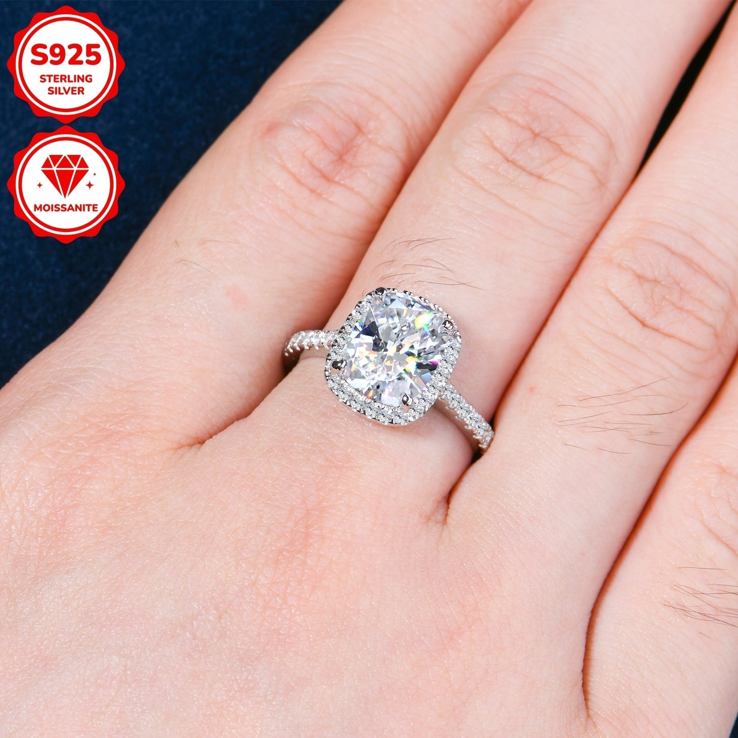 Elegant 4CT Moissanite Engagement Ring - US10 Size, VVS1 Clarity, D-E Color, 925 Sterling Silver with Halo Diamond Setting & Cubic Zirconia Side Stones, High-Polished, Ideal for Weddings & Anniversaries.