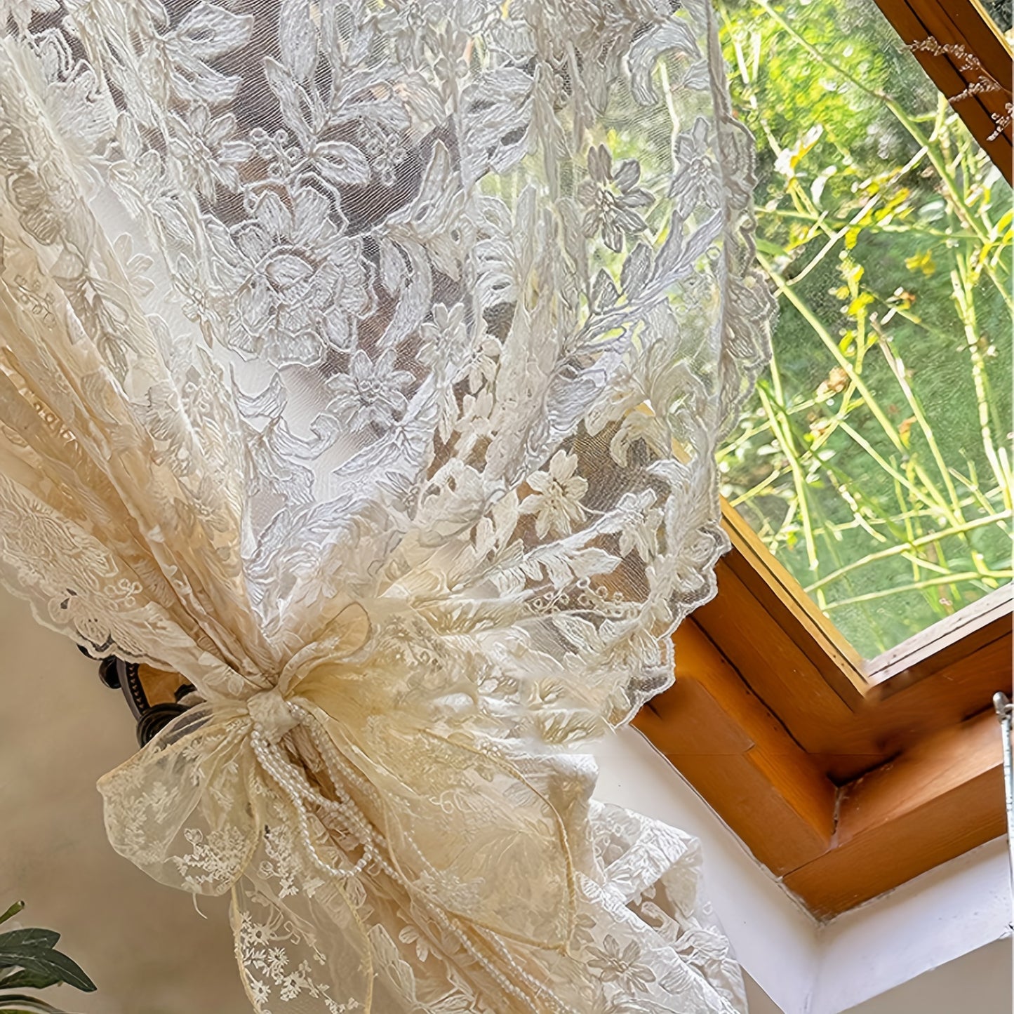 Vintage jacquard sheer curtain set with lace embroidered panels for bedroom, kitchen, restaurants. Washable and unlined, perfect for all seasons with a romantic theme.