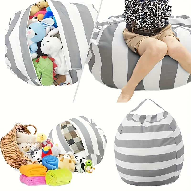 Bean bag chair cover with stripes in a 1-pack, designed for kids. Can fit multiple sizes of stuffed animals and has a zipper for easy access. Doubles as a portable quilt organizer and creative floor cushion sofa for children.