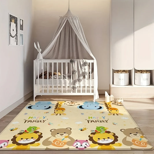 Foldable playmat for toddlers with double-sided design, featuring cartoon patterns. Made of PE foam, waterproof and non-slip, perfect for nursery use. This educational surface can be used as a portable gym or playmat. Available in mixed colors.