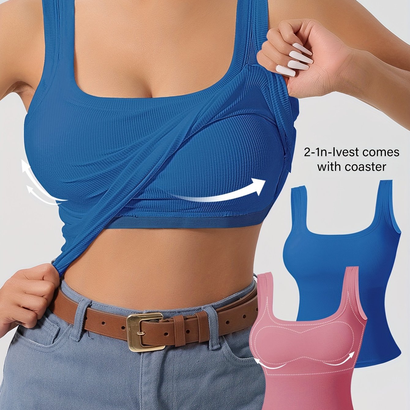 2 Simple Solid Square Neck Tank Tops with padded backless design for women's lingerie and underwear.