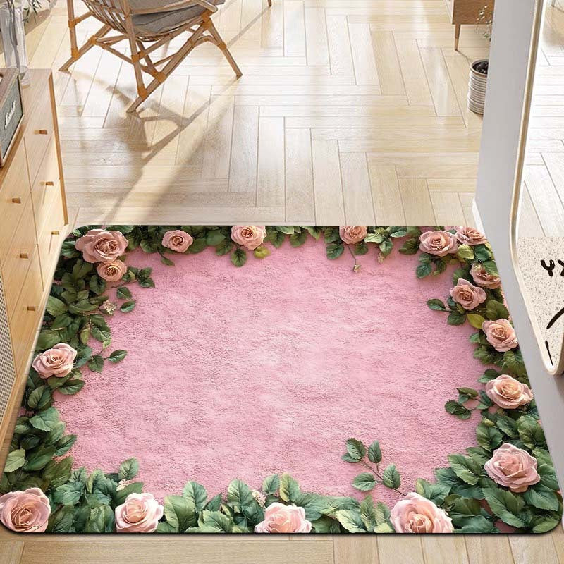 Polyester Doormat with Floral Design, Machine Washable, Non-Slip, 8mm Thick, Decorative Indoor Entrance Mat in Rectangle Shape for Kitchen, Living Room, Bedroom.