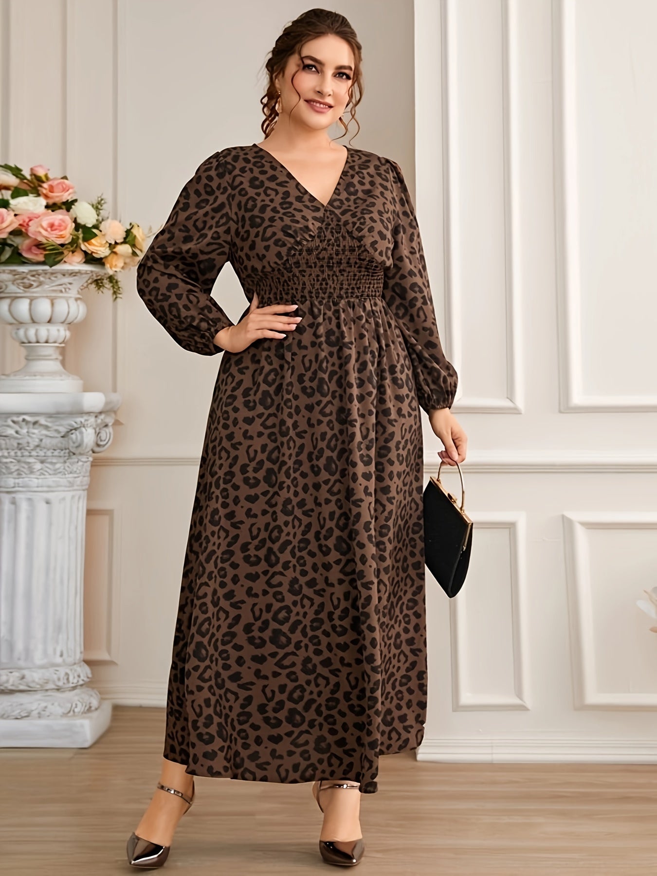 Leopard print midi dress with V-neck, lantern sleeves – machine washable, polyester, ideal for spring and fall.