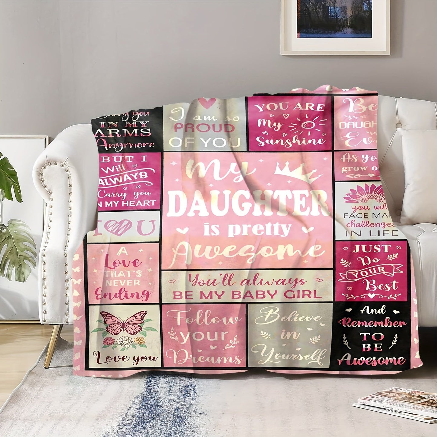 Soft flannel throw blanket with pink patchwork pattern and inspirational quotes, perfect for my daughter. The perfect gift for a cozy home decor.