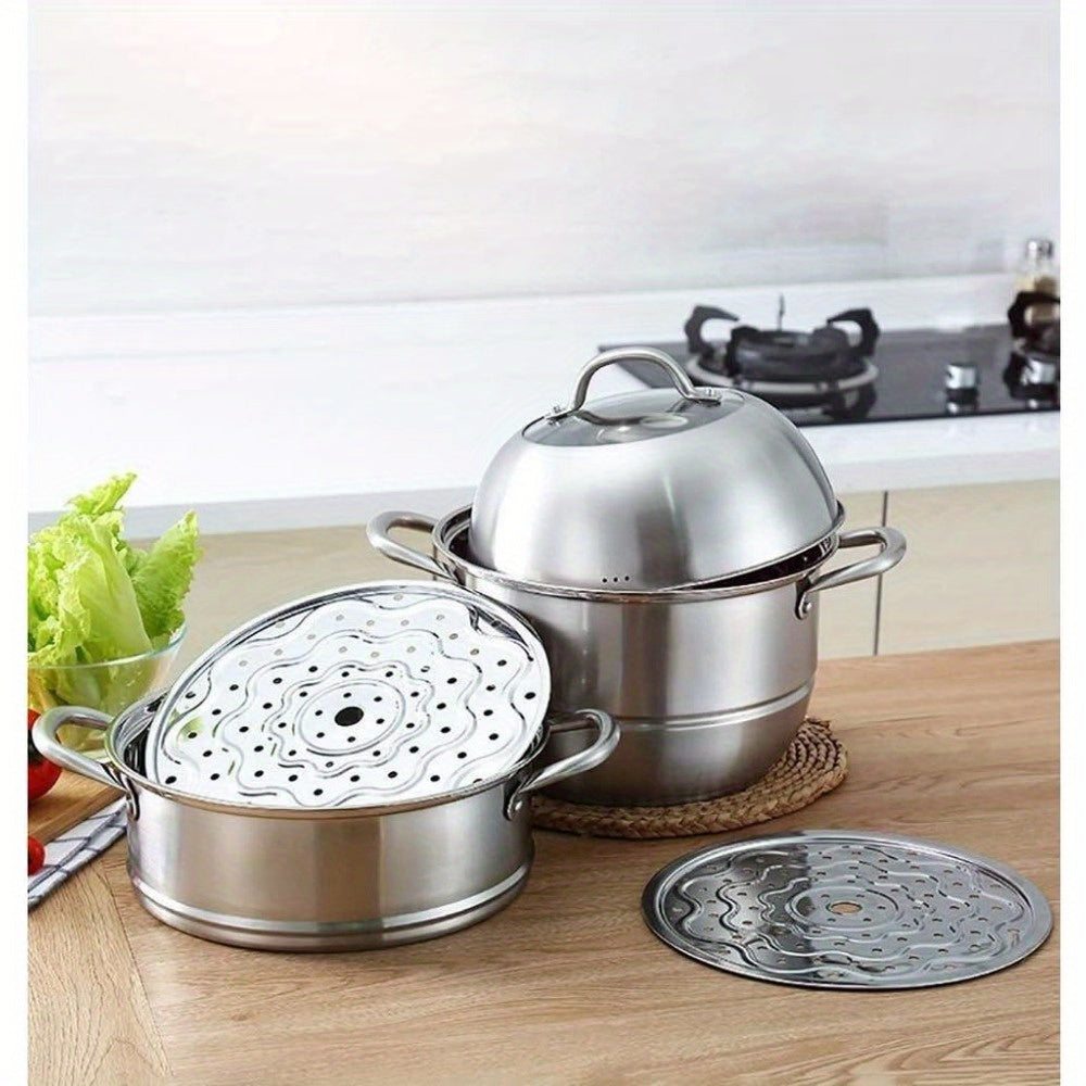 Multi-functional Steamer Set made of Stainless Steel, Non-Stick Cooker, Tempered Glass Lid, and Ventilation - Ideal for Household Use, Featuring Multi-Layer Composite Bottom