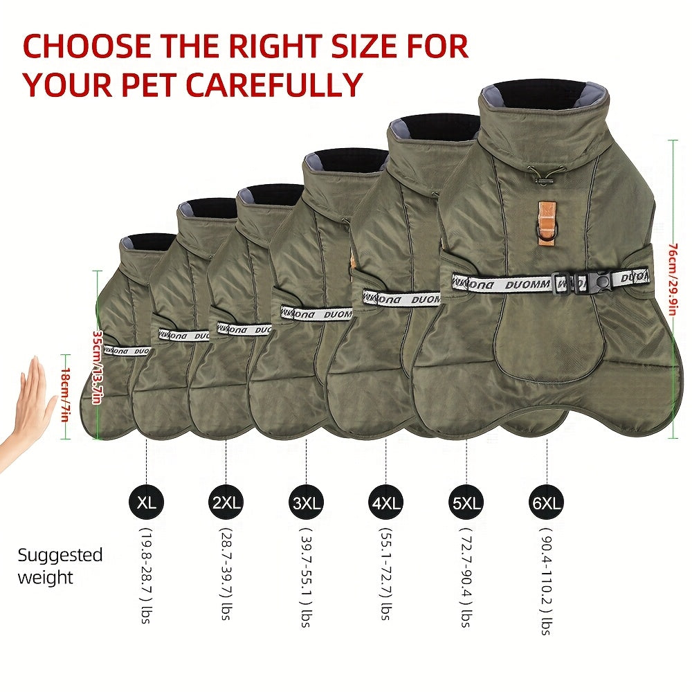 Waterproof and windproof jacket with cozy fleece lining for dogs of all sizes.