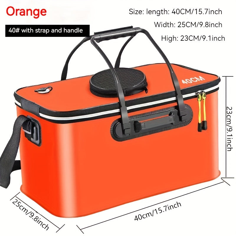 Compact EVA fishing gear bag with collapsible live fish bucket and tackle storage, waterproof and zip closure for camping.