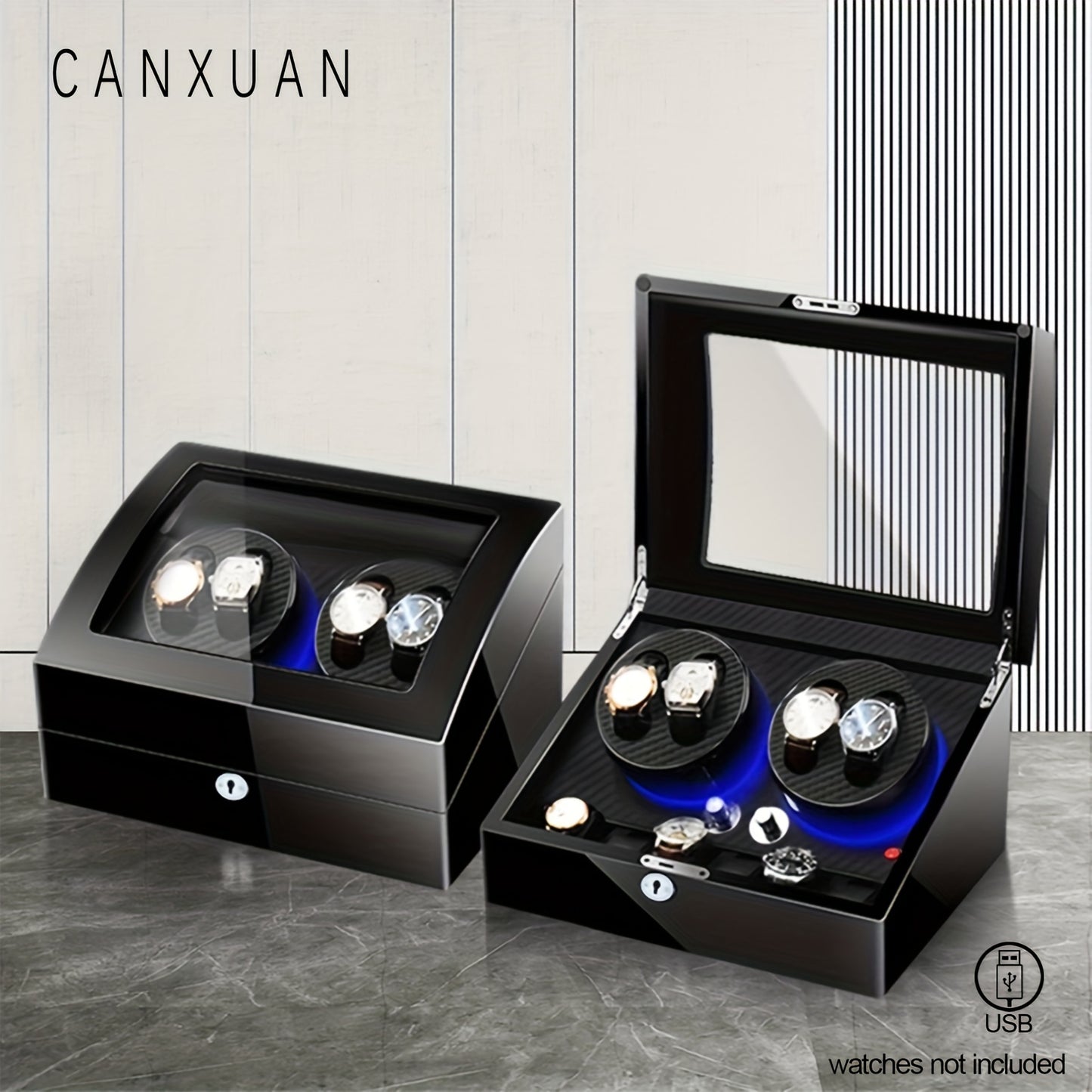 1 pc CANXUAN automatic watch winder box with 4+6 slots, quiet motors, key lock, LED light, soft pillow, faux leather, USB-powered, suitable for men's and women's watches, battery not