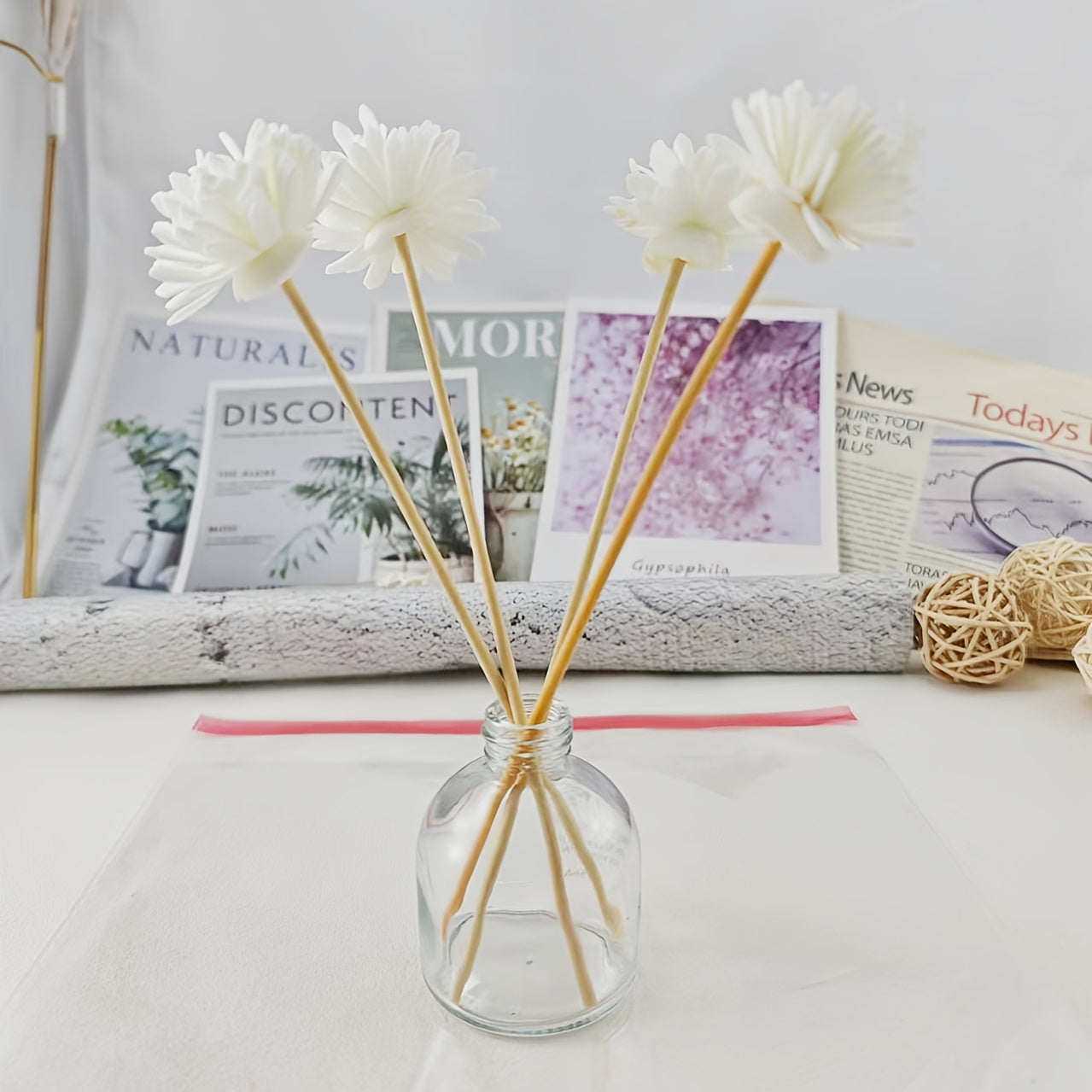 Decorative Reed Diffuser Set for Home or Office, Enhances Room Fragrance with Aromatherapy Oil Sticks and Log Material Flowers