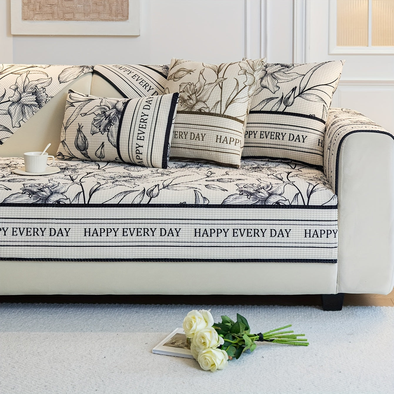 French vintage sofa cover with pet-friendly, machine washable, short plush jacquard design suitable for all seasons.