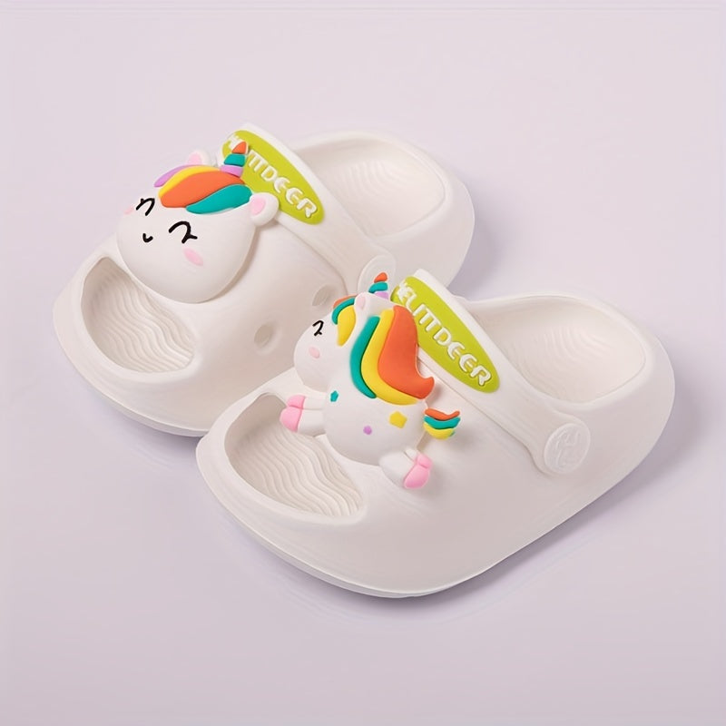 Unisex kid's clogs with unicorn charm pattern, non-slip soft sole for outdoor activities.