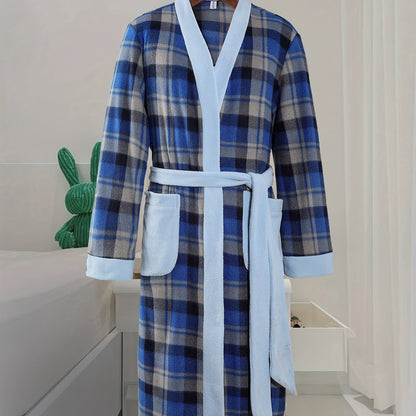 Men's checkered fleece robe with pockets, lace up night-robe for home wear after bath.