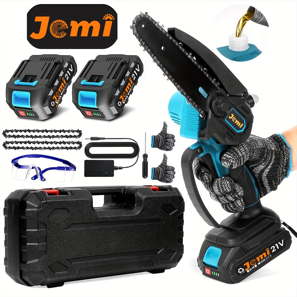 Jemi Mini Cordless Chainsaw with 15.24 cm chain, security lock, and automatic oiler. Battery-powered with manganese steel chain, includes 2 x 21V lithium batteries. Ideal for wood cutting