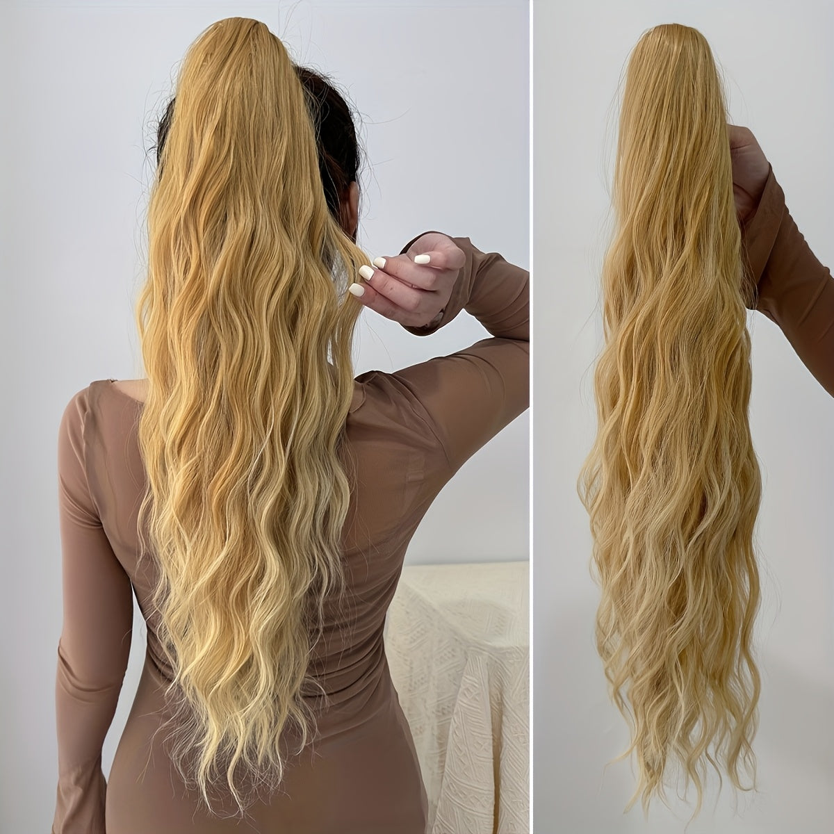 YUSULAXI Women's 24-Inch Long Wavy Drawstring Ponytail Extension made of synthetic high temperature fiber for daily use.