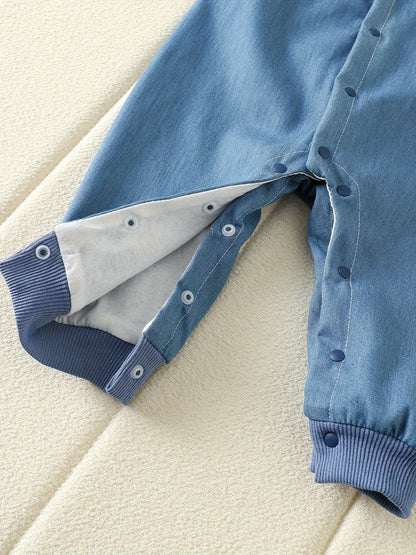 Qidan's Rabbit Doll Collar Denim Romper, perfect for outdoor wear