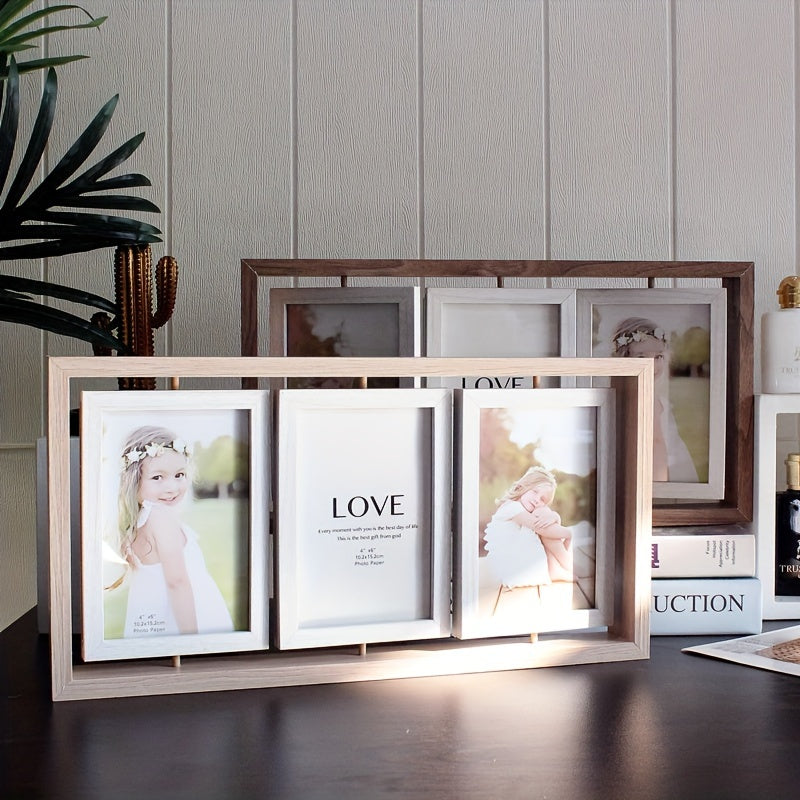 One piece of a wooden double-sided picture frame stand with a tri-fold design that holds multiple photos. Suitable for ages 14 and above.