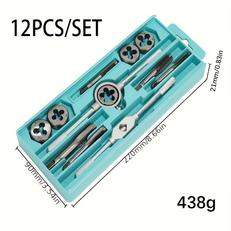 Metric screw tap and die set with 12pcs, M6-M12, made of alloy steel for precision machining in DIY and repair work.