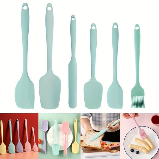 Set of 5-6 silicone spatulas, perfect for scraping cake cream and applying oil while baking. These tools are food-grade and also include a brush, making them essential kitchen gadgets and accessories.