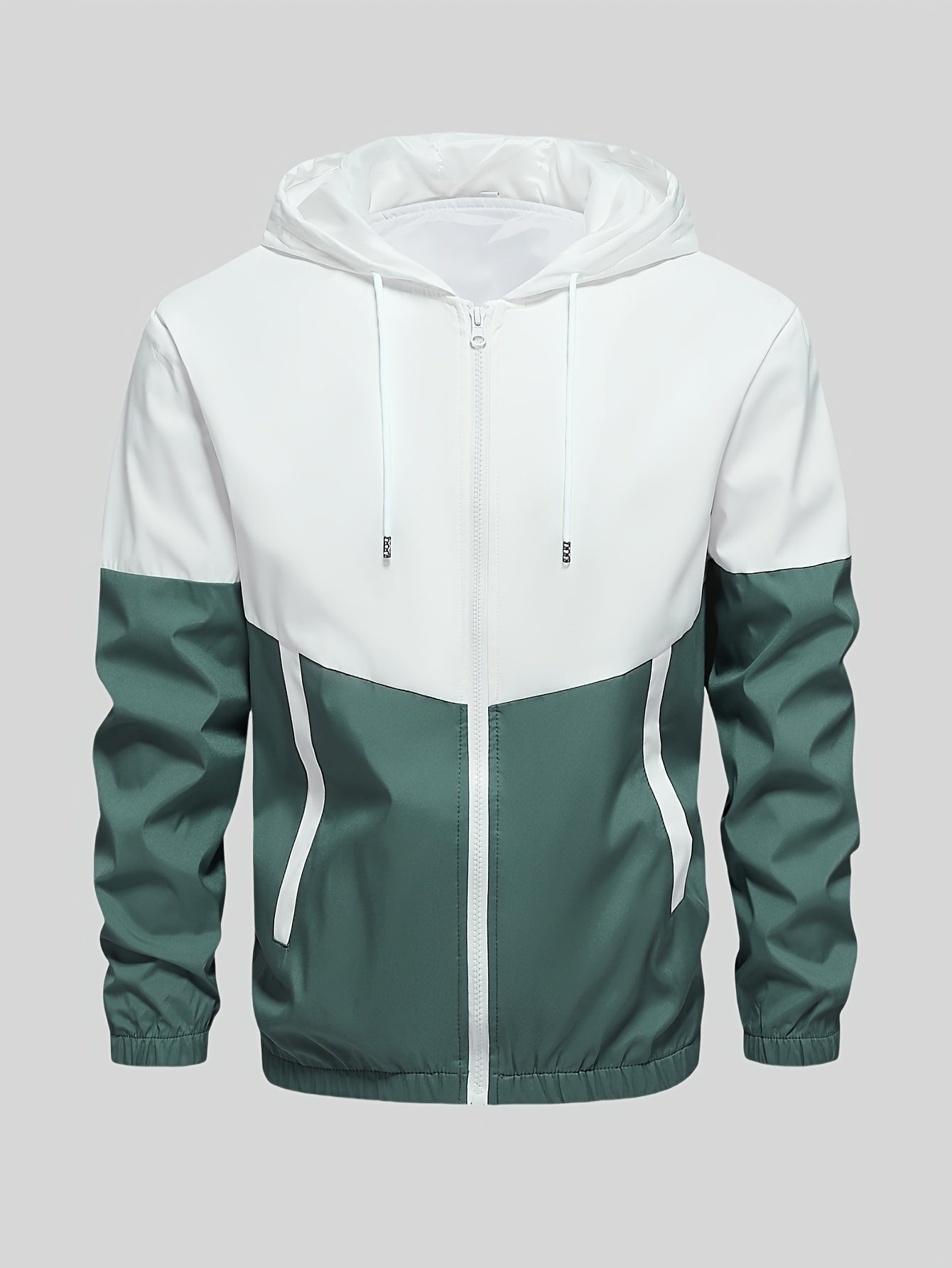 Men's casual sporty green and white zip-up hooded jacket and pants set made of durable woven polyester. Machine washable with pockets, perfect for running, golf, hiking in the spring and