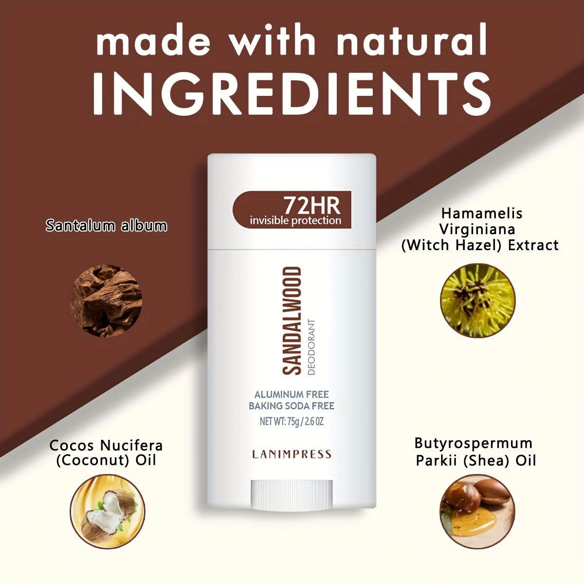 Lanimpress Sandalwood Deodorant: 72HR Invisible Protection, Unisex, Aluminum & Baking Soda Free, Natural Ingredients incl. Witch Hazel & Shea Butter, 75g