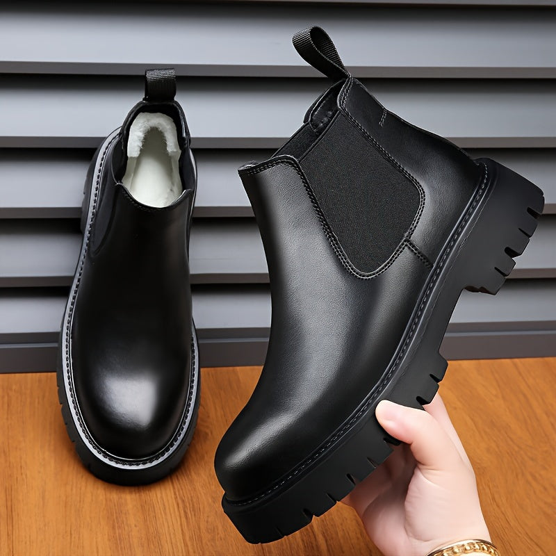 Men's Winter Boots - Fleece-Lined Slip-On Ankle Boots with Round Toe & Rubber Sole, Black Synthetic