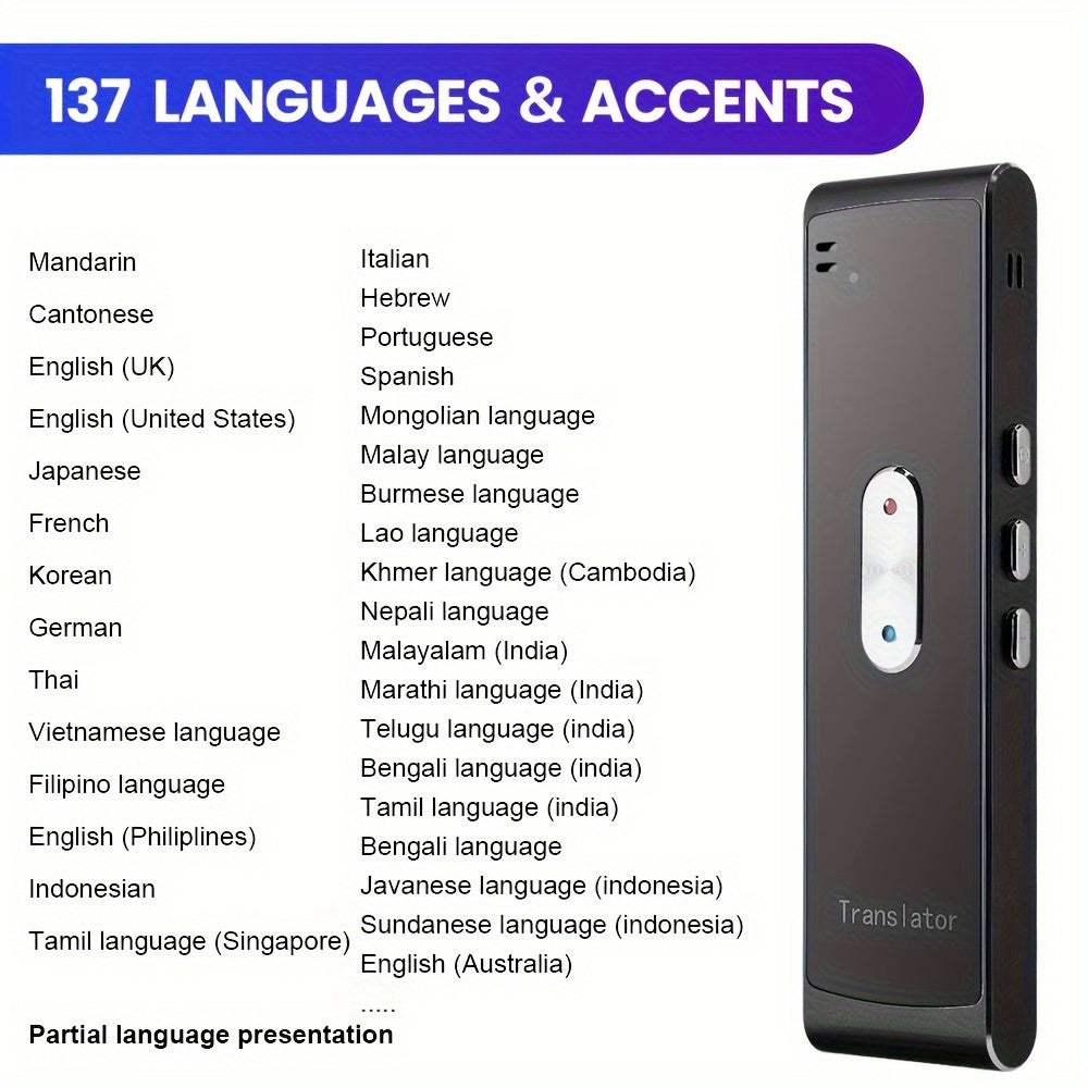 Real-Time 2-Way Voice Translator with 137 Language Support, USB Rechargeable, Wireless for Travel, Learning, Business, and Chat Recording.