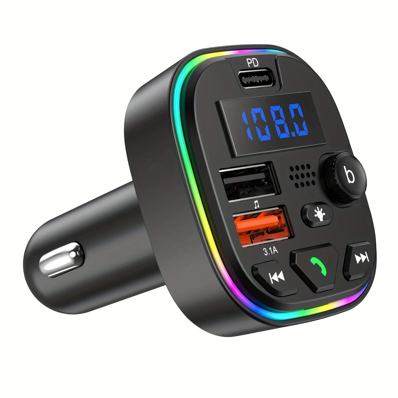 Car charger with FM transmitter and PD 30W, Type C & dual USB ports for fast charging, wireless MP3 player, hands-free calls, AUX, high fidelity audio, and car plug operating voltage ≤36V.