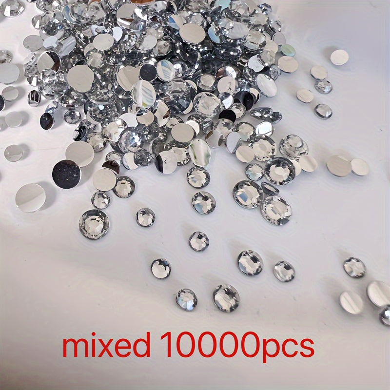 10,000 pieces of Crystal AB Flatback Rhinestones available for Nail Art, DIY Crafts, and Jewelry Making. These Non-Hotfix Resin Gems are perfect for adding a touch of sparkle to your projects.