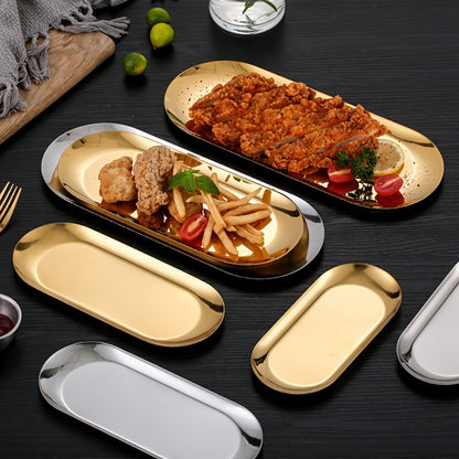 Stainless steel oval plate for Korean cuisine, snacks, and desserts, suitable for home, restaurant, picnic, and parties.