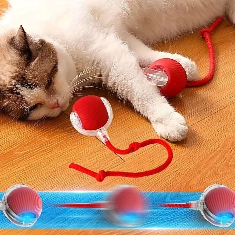 TOOP USB Rechargeable Interactive Cat Toy Ball with Tassel Stick - Automatic Self-Rotating Silicone Teaser for Indoor Cats, Red Ribbon Design for Playful Training and Exercise.