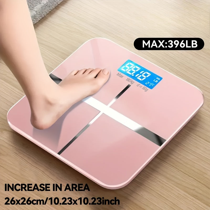 Compact adult body scale with wide platform, high capacity, accurate readings, clear display, and backlight feature, up to 176.9 KG.